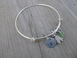 Thimble Charm Bracelet- Adjustable Bangle Bracelet with an Initial Charm and an Accent Bead in your choice of colors