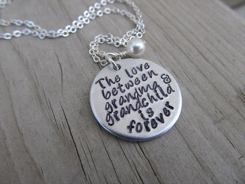 Grandmother's Necklace- "The love between grandma & grandchild is forever"  - Hand-Stamped Necklace with an accent bead in your choice of colors