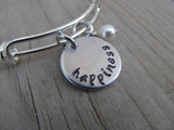 Happiness Inspiration Bracelet- "happiness"  - Hand-Stamped Bracelet -Adjustable Bangle Bracelet with an accent bead in your choice of colors