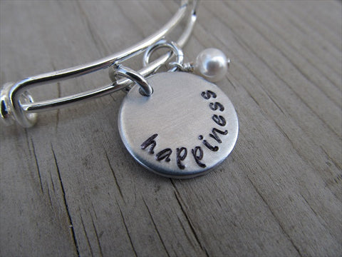 Happiness Inspiration Bracelet- "happiness"  - Hand-Stamped Bracelet -Adjustable Bangle Bracelet with an accent bead in your choice of colors