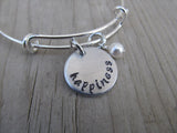 Happiness Inspiration Bracelet- "happiness"  - Hand-Stamped Bracelet -Adjustable Bangle Bracelet with an accent bead in your choice of colors