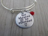 Too Blessed to Be Stressed Inspiration Bracelet- "too blessed to be stressed" with stamped heart - Hand-Stamped Bracelet- Adjustable Bangle Bracelet with an accent bead of your choice