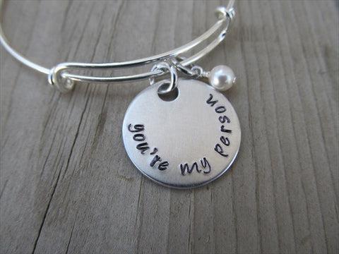 Friendship Bracelet- "you're my person"  - Hand-Stamped Bracelet- Adjustable Bangle Bracelet with an accent bead in your choice of colors