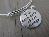 Mother in Law Bracelet - "I'll take care of her always" - Hand-Stamped Bracelet- Adjustable Bangle Bracelet with an accent bead of your choice