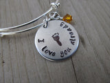 Expectant Mother Bracelet- "I love you already" with stamped baby foot- Hand-Stamped Bracelet  -Adjustable Bangle Bracelet with an accent bead of your choice
