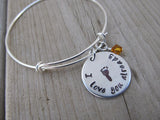 Expectant Mother Bracelet- "I love you already" with stamped baby foot- Hand-Stamped Bracelet  -Adjustable Bangle Bracelet with an accent bead of your choice