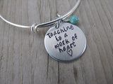 Teacher's Bracelet, Gift for Teacher "Teaching is a work of heart" with a heart  - Hand-Stamped Bracelet- Adjustable Bangle Bangle Bracelet with an accent bead of your choice