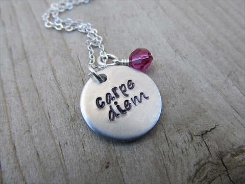 Carpe Diem Inspiration Necklace- "carpe diem"- Hand-Stamped Necklace with an accent bead in your choice of colors