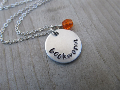 Bookworm Inspiration Necklace- "bookworm"- Hand-Stamped Necklace with an accent bead in your choice of colors
