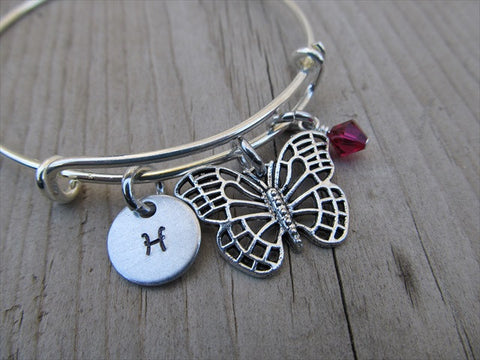 Butterfly Charm Bracelet -Adjustable Bangle Bracelet with an Initial Charm and Accent Bead of your choice