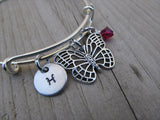 Butterfly Charm Bracelet -Adjustable Bangle Bracelet with an Initial Charm and Accent Bead of your choice