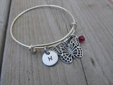Butterfly Charm Bracelet -Adjustable Bangle Bracelet with an Initial Charm and Accent Bead of your choice