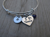 Tennis Charm Bracelet -Adjustable Bangle Bracelet with an Initial Charm and Accent Bead of your choice