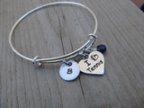 Tennis Charm Bracelet -Adjustable Bangle Bracelet with an Initial Charm and Accent Bead of your choice