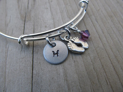Baby Feet Charm Bracelet -Adjustable Bangle Bracelet with an Initial Charm and Accent Bead of your choice