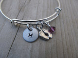 Baby Feet Charm Bracelet -Adjustable Bangle Bracelet with an Initial Charm and Accent Bead of your choice