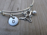Bull Head Charm Bracelet -Adjustable Bangle Bracelet with an Initial Charm and Accent Bead of your choice