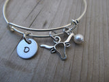 Bull Head Charm Bracelet -Adjustable Bangle Bracelet with an Initial Charm and Accent Bead of your choice