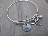 Bull Head Charm Bracelet -Adjustable Bangle Bracelet with an Initial Charm and Accent Bead of your choice