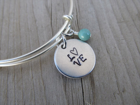 Love Inspiration Bracelet- "L♥VE"  - Hand-Stamped Bracelet  -Adjustable Bangle Bracelet with an accent bead of your choice