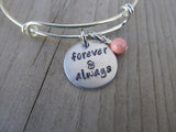 Forever & Always Bracelet- "forever & always" - Hand-Stamped Bracelet  -Adjustable Bangle Bracelet with an accent bead of your choice