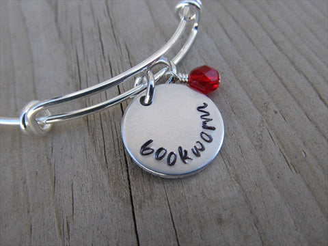 Bookworm Inspiration Bracelet- "bookworm"  - Hand-Stamped Bracelet with an accent bead of your choice