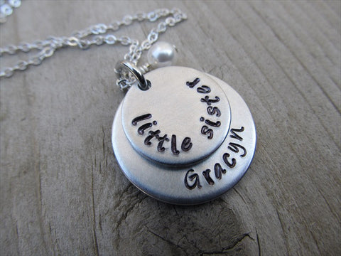 Personalized Little Sister Necklace- hand-stamped "little sister" with a name of your choice and accent bead - Personalized Gift
