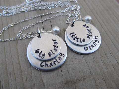 Personalized set of 2 Sisters Necklaces- 2 Necklace Set- "big sister", "little sister" each with a name disc and an accent bead of your choice- 2 necklace set