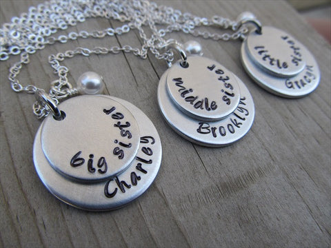 Personalized set of 3 Sisters Necklaces- 3 Necklace Set- "big sister", "middle sister", "little sister" each with a name disc and a pearl