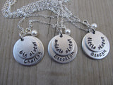 Personalized set of 3 Sisters Necklaces- 3 Necklace Set- "big sister", "middle sister", "little sister" each with a name disc and a pearl