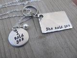 Engagement Gift Set- Hand-Stamped Necklace with "I said yes" for the Bride to be and Stamped Keychain with "She said yes" for Groom to be
