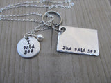 Engagement Gift Set- Hand-Stamped Necklace with "I said yes" for the Bride to be and Stamped Keychain with "She said yes" for Groom to be