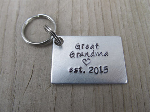 Great Grandma Keychain - "Great Grandma est. (year of choice)" with a stamped heart- Hand Stamped Metal Keychain