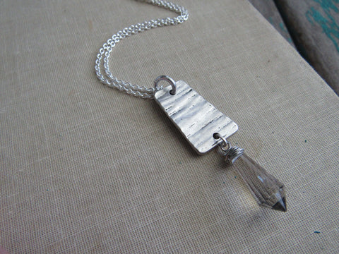 Silver drop Necklace-Textured Silver with Crystal Drop- Modern Necklace
