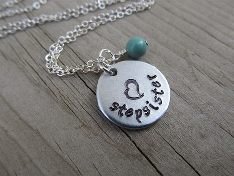 Stepsister Necklace- "stepsister" with a stamped heart- Hand-Stamped Necklace with an accent bead in your choice of colors