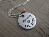 Mother's Necklace- Hand-stamped "Mommy est. (year of choice)" with a stamped heart and an accent bead in your choice of colors