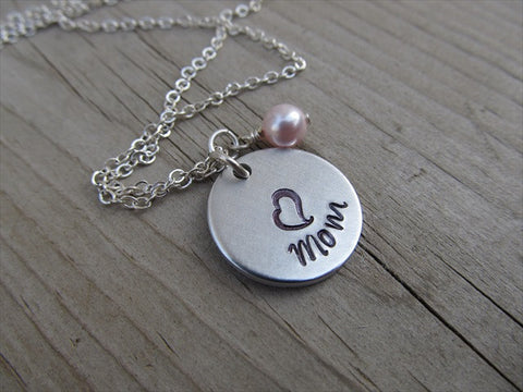Mother's Necklace- "Mom" with a stamped heart- Hand-Stamped Necklace with an accent bead in your choice of colors