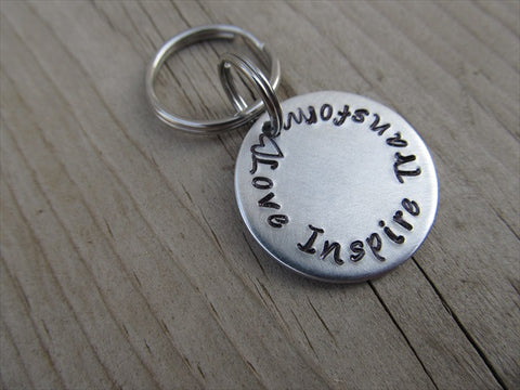 Small Hand-Stamped Keychain "Love Inspire Transform" with stamped heart - Small Circle Keychain - Hand Stamped Metal Keychain