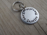 Small Hand-Stamped Keychain "Love Inspire Transform" with stamped heart - Small Circle Keychain - Hand Stamped Metal Keychain