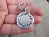 Small Hand-Stamped Keychain "Love Inspire Transform" with stamped heart - Small Circle Keychain - Hand Stamped Metal Keychain