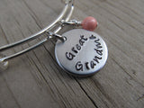 Great Grandma Bracelet- "Great Grandma"  - Hand-Stamped Bracelet-Adjustable Bracelet with an accent bead of your choice