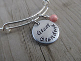 Great Grandma Bracelet- "Great Grandma"  - Hand-Stamped Bracelet-Adjustable Bracelet with an accent bead of your choice