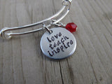 Teacher Bracelet- "love teach inspire" - Hand-Stamped Bracelet- Adjustable Bangle Bracelet with an accent bead of your choice