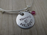 Mother's Bracelet- Hand-stamped "Mommy est (year of choice)"  with a stamped heart - Hand-Stamped Bracelet- Adjustable Bangle Bracelet with an accent bead of your choice