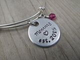 Mother's Bracelet- Hand-stamped "Mommy est (year of choice)"  with a stamped heart - Hand-Stamped Bracelet- Adjustable Bangle Bracelet with an accent bead of your choice