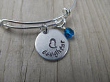 Daughter Bracelet- Gift for Daughter- Hand-Stamped Bracelet- "daughter" with stamped heart - Hand-Stamped Bracelet- Adjustable Bangle Bracelet with an accent bead of your choice