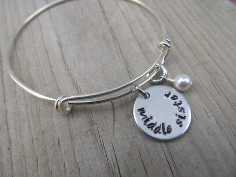 Middle Sister Bracelet - hand-stamped "middle sister" Bracelet- Hand-Stamped Bracelet  -Adjustable Bangle Bracelet with an accent bead of your choice