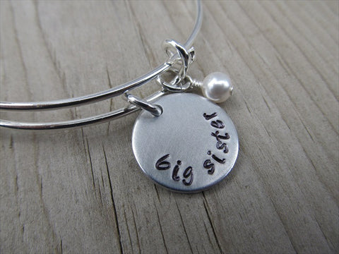 Big Sister Bracelet - hand-stamped "big sister" Bracelet- Hand-Stamped Bracelet  -Adjustable Bangle Bracelet with an accent bead of your choice