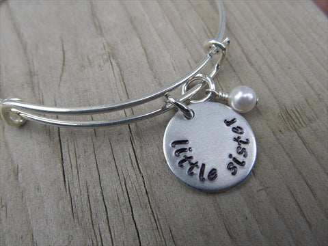 Little Sister Bracelet - hand-stamped "little sister" Bracelet- Hand-Stamped Bracelet  -Adjustable Bangle Bracelet with an accent bead of your choice