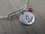 Mom Bracelet- Gift for Mom- Hand-Stamped Bracelet- "Mom" with stamped heart - Hand-Stamped Bracelet- Adjustable Bangle Bracelet with an accent bead of your choice